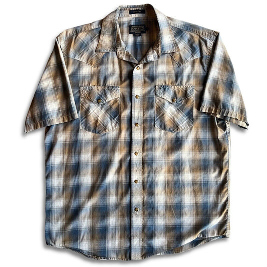 Pendleton Shirt Mens Blue Brown Large Plaid Frontier Pearl Snap Western Cowboy - thriftgoblin