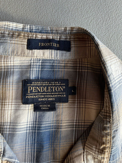 Pendleton Shirt Mens Blue Brown Large Plaid Frontier Pearl Snap Western Cowboy - thriftgoblin