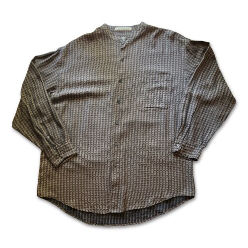 Perry Ellis 100% Silk Shirt Men’s Size L Geometric Long Sleeves Brown Collarless - thriftgoblin