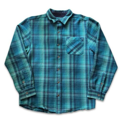 PrAna Men Shirt Large Green Blue Plaid Heavy Thick Cotton Flannel Fall Button Up - thriftgoblin