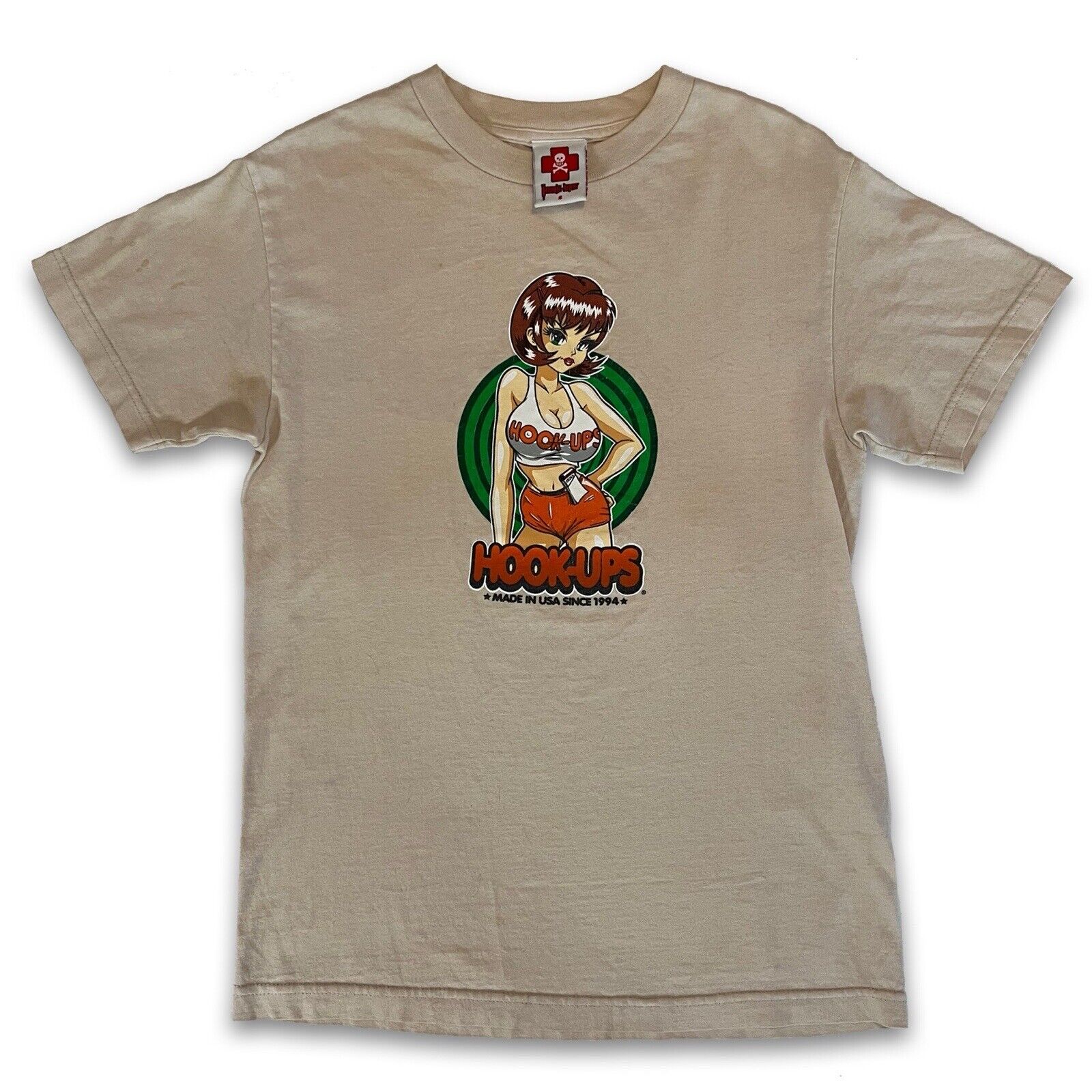 RARE Color 90 Hook - ups Skateboard T-shirt Mens Anime Miami Hooters SIZE S (Sand) - thriftgoblin