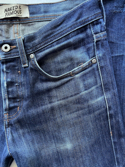 Rare Distressed Naked and Famous Weird Guy 13.5oz Indigo Denim Cotton 01x173 32 - thriftgoblin