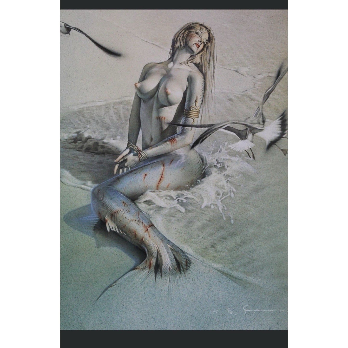 RARE Hajime Sorayama Wounded Mermaid Lithograph Signed, Limited 4/10 NAGA Era 90 - thriftgoblin