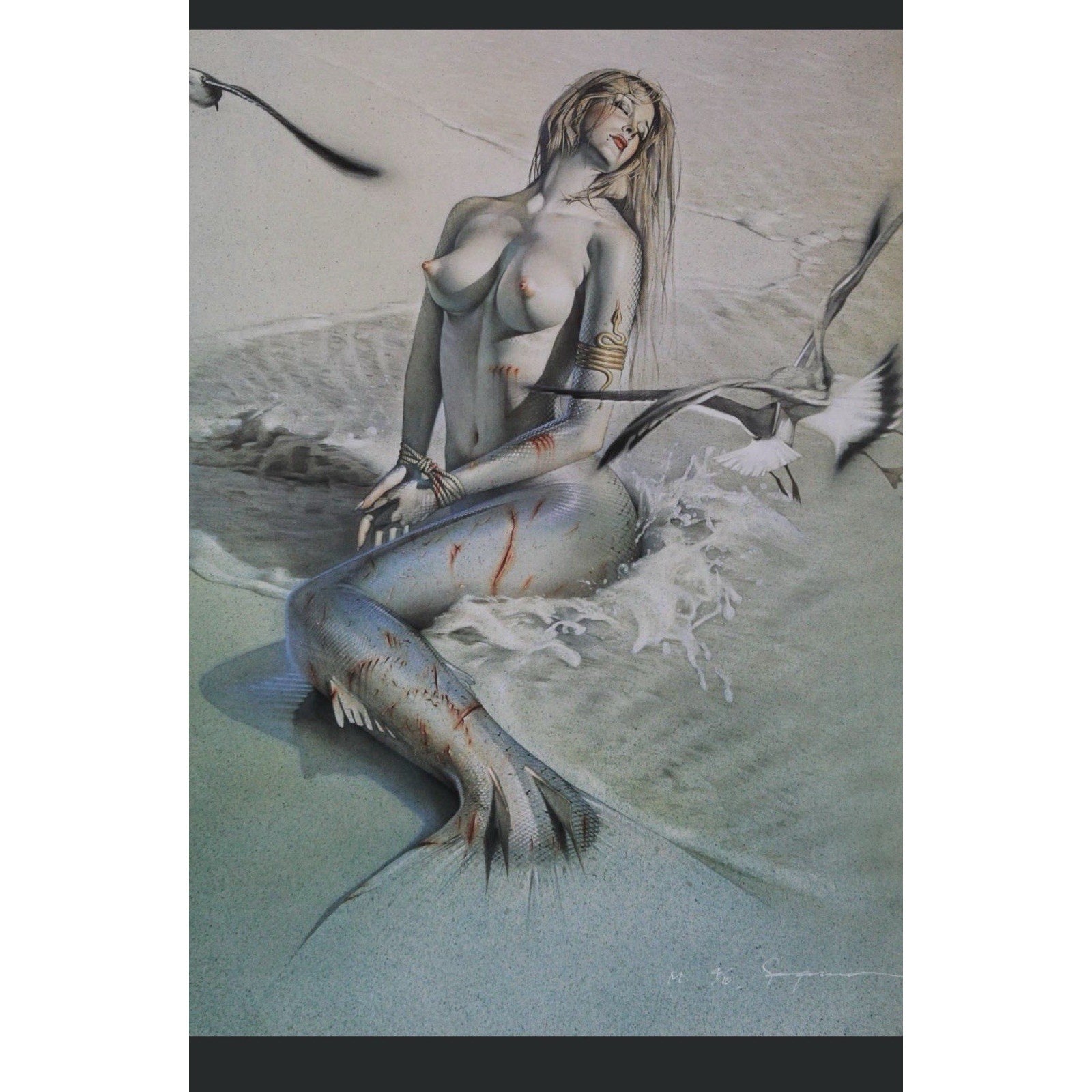 RARE Hajime Sorayama Wounded Mermaid Lithograph Signed, Limited 4/10 NAGA Era 90 - thriftgoblin