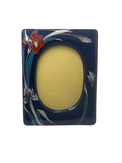 Rare Stoneware Picture Frame 5.5" x 4" Thick Blue Dynasty Oriental Flowers - thriftgoblin