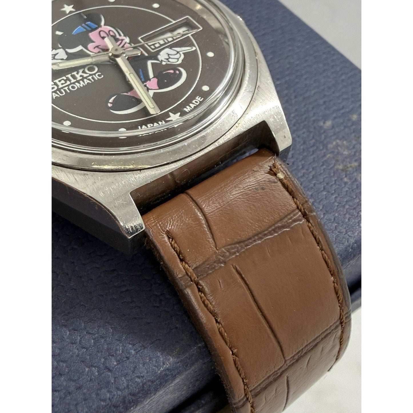 Rare Vintage Seiko Automatic Mickey Mouse Watch 6309 Japan Made Brown Strap - thriftgoblin