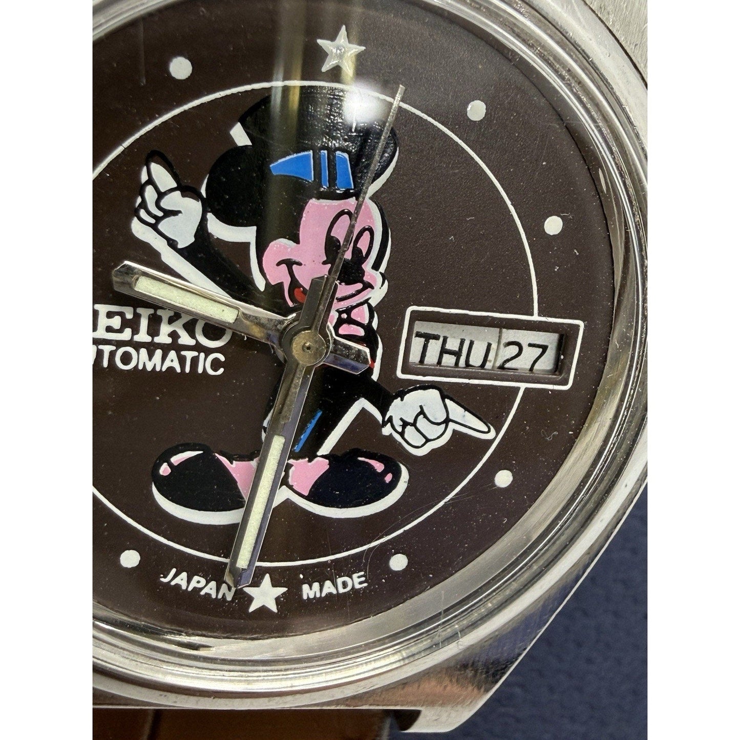 Rare Vintage Seiko Automatic Mickey Mouse Watch 6309 Japan Made Brown Strap - thriftgoblin
