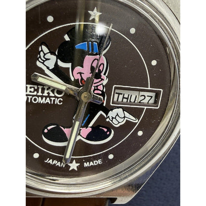 Rare Vintage Seiko Automatic Mickey Mouse Watch 6309 Japan Made Brown Strap - thriftgoblin