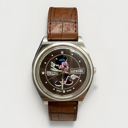 Rare Vintage Seiko Automatic Mickey Mouse Watch 6309 Japan Made Brown Strap - thriftgoblin