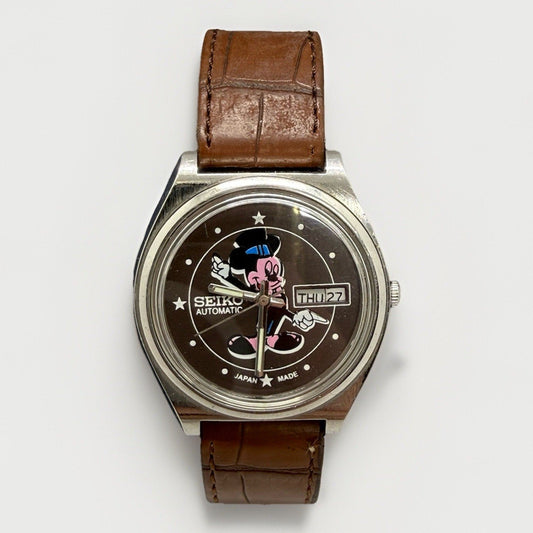 Rare Vintage Seiko Automatic Mickey Mouse Watch 6309 Japan Made Brown Strap - thriftgoblin