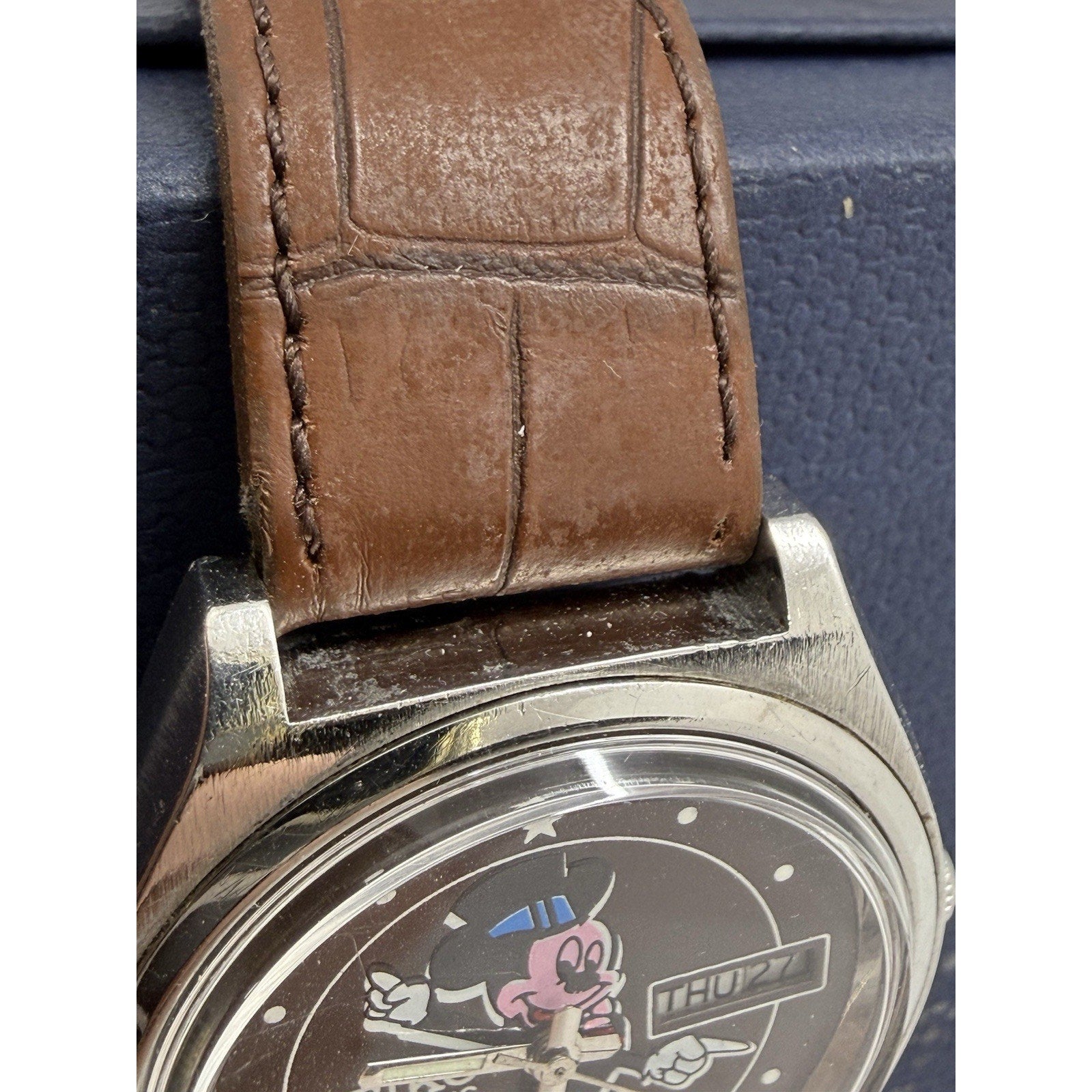 Rare Vintage Seiko Automatic Mickey Mouse Watch 6309 Japan Made Brown Strap - thriftgoblin