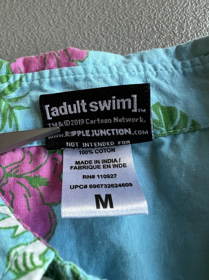 Rick and Morty Blue Hawaiian Floral Button Up Adult Swim Dancing. Squanchy! - thriftgoblin