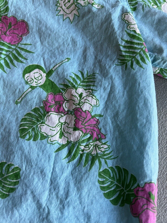 Rick and Morty Blue Hawaiian Floral Button Up Adult Swim Dancing. Squanchy! - thriftgoblin