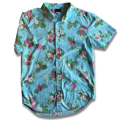 Rick and Morty Blue Hawaiian Floral Button Up Adult Swim Dancing. Squanchy! - thriftgoblin