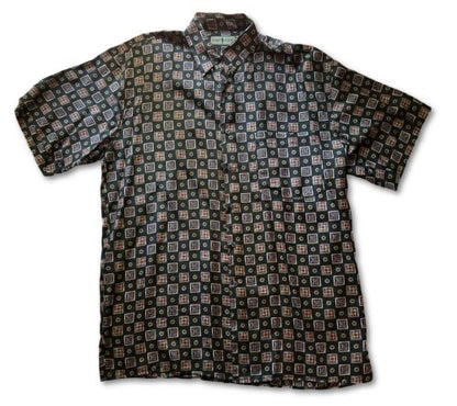 Robert Stock Silk Shirt Mens L Black Geometric Short Sleeve ButtonUp Gold Light - thriftgoblin