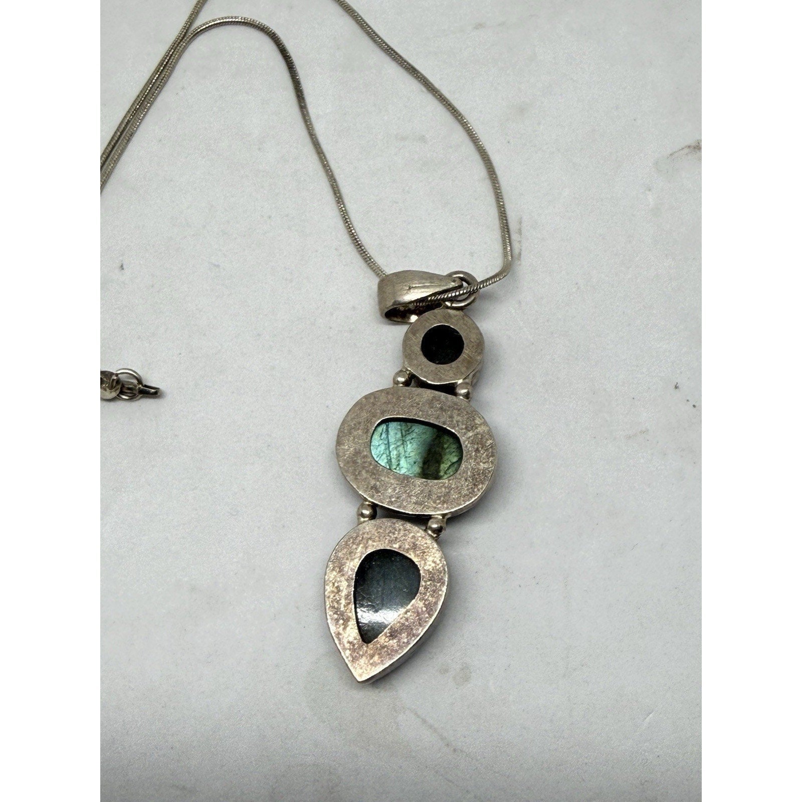 Silver Labradorite Pendant Necklace Snake Chain Three Gemstones Bezel Setting - thriftgoblin
