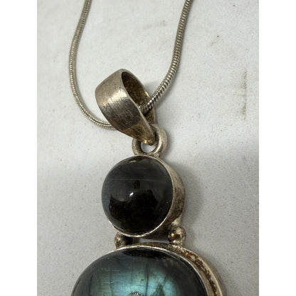 Silver Labradorite Pendant Necklace Snake Chain Three Gemstones Bezel Setting - thriftgoblin