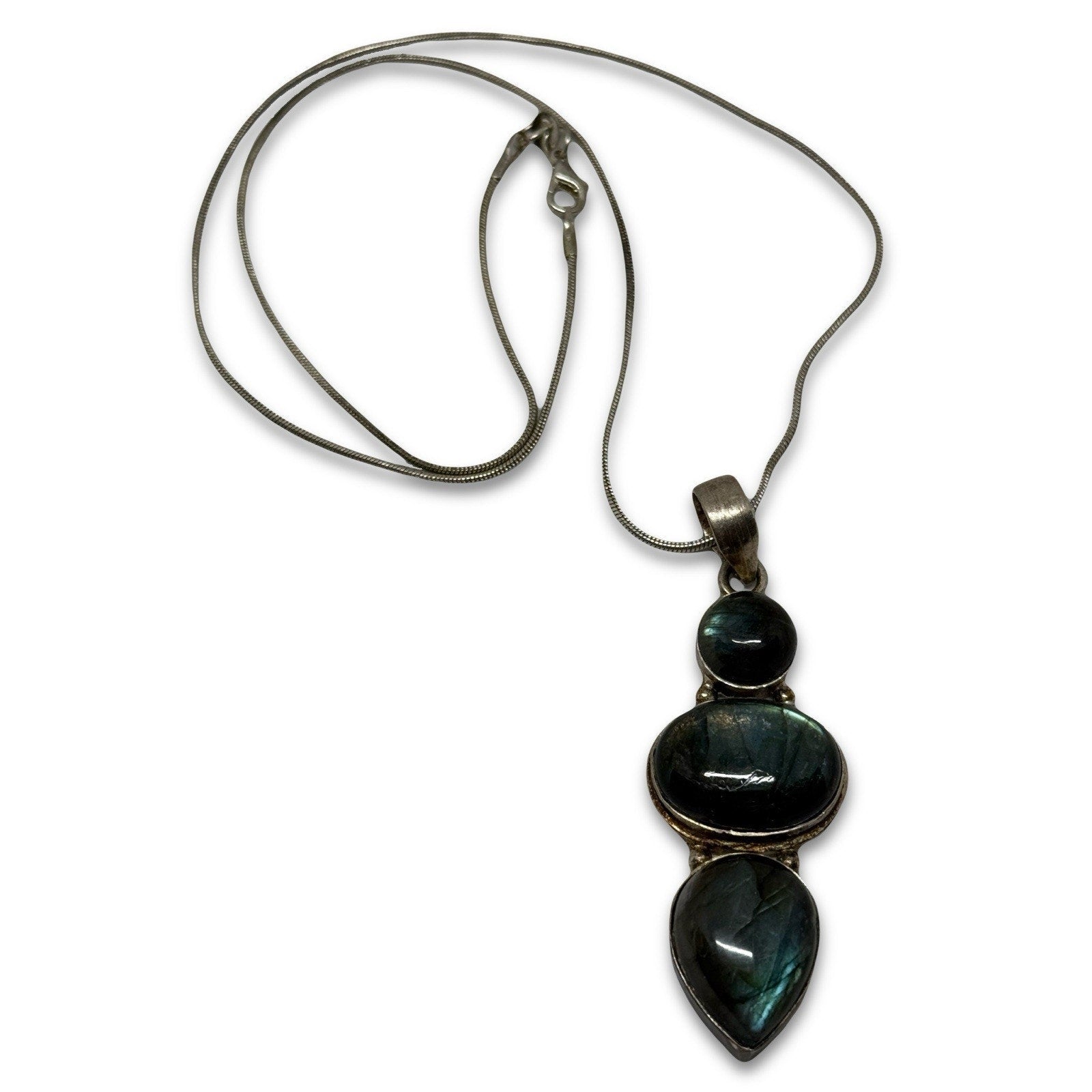 Silver Labradorite Pendant Necklace Snake Chain Three Gemstones Bezel Setting - thriftgoblin