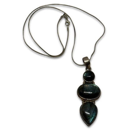 Silver Labradorite Pendant Necklace Snake Chain Three Gemstones Bezel Setting - thriftgoblin