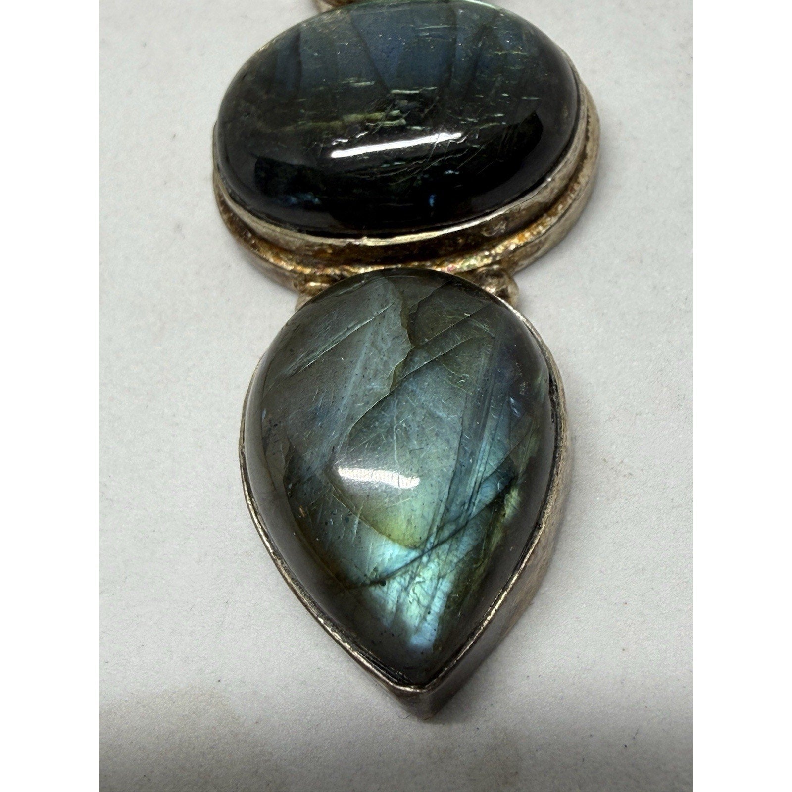 Silver Labradorite Pendant Necklace Snake Chain Three Gemstones Bezel Setting - thriftgoblin