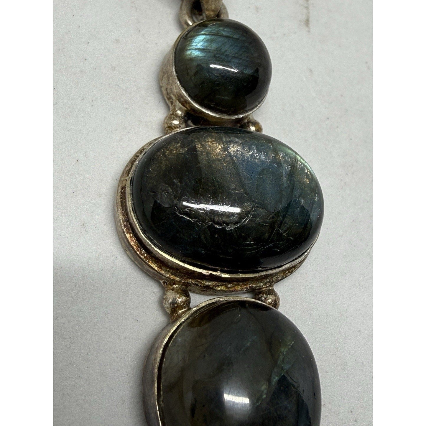 Silver Labradorite Pendant Necklace Snake Chain Three Gemstones Bezel Setting - thriftgoblin