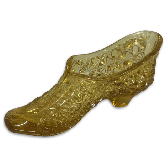 Slipper Glass Amber Daisy & Button Pat Oct.19/89, 2.5" Tall 5" Long Vintage - Thrift GoblinDecor
