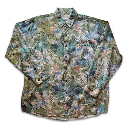 Summa SILK Shirt Mens L Long Sleeve Button Up Abstract Art Floral Thin Summer - thriftgoblin