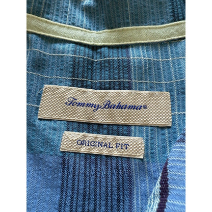 Tommy Bahama Blue Plaid 100% Silk Short Sleeve Shirt XL Original Fit Aqua Clean - thriftgoblin