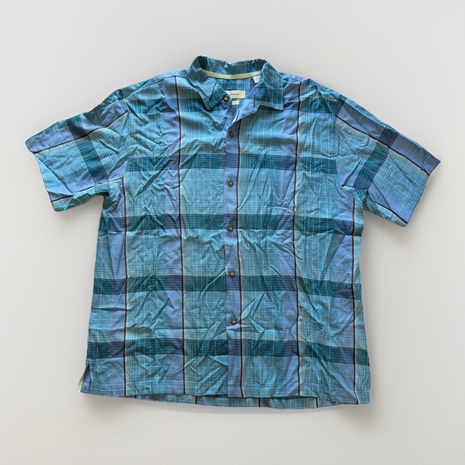 Tommy Bahama Blue Plaid 100% Silk Short Sleeve Shirt XL Original Fit Aqua Clean - thriftgoblin