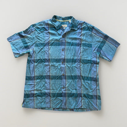 Tommy Bahama Blue Plaid 100% Silk Short Sleeve Shirt XL Original Fit Aqua Clean - thriftgoblin