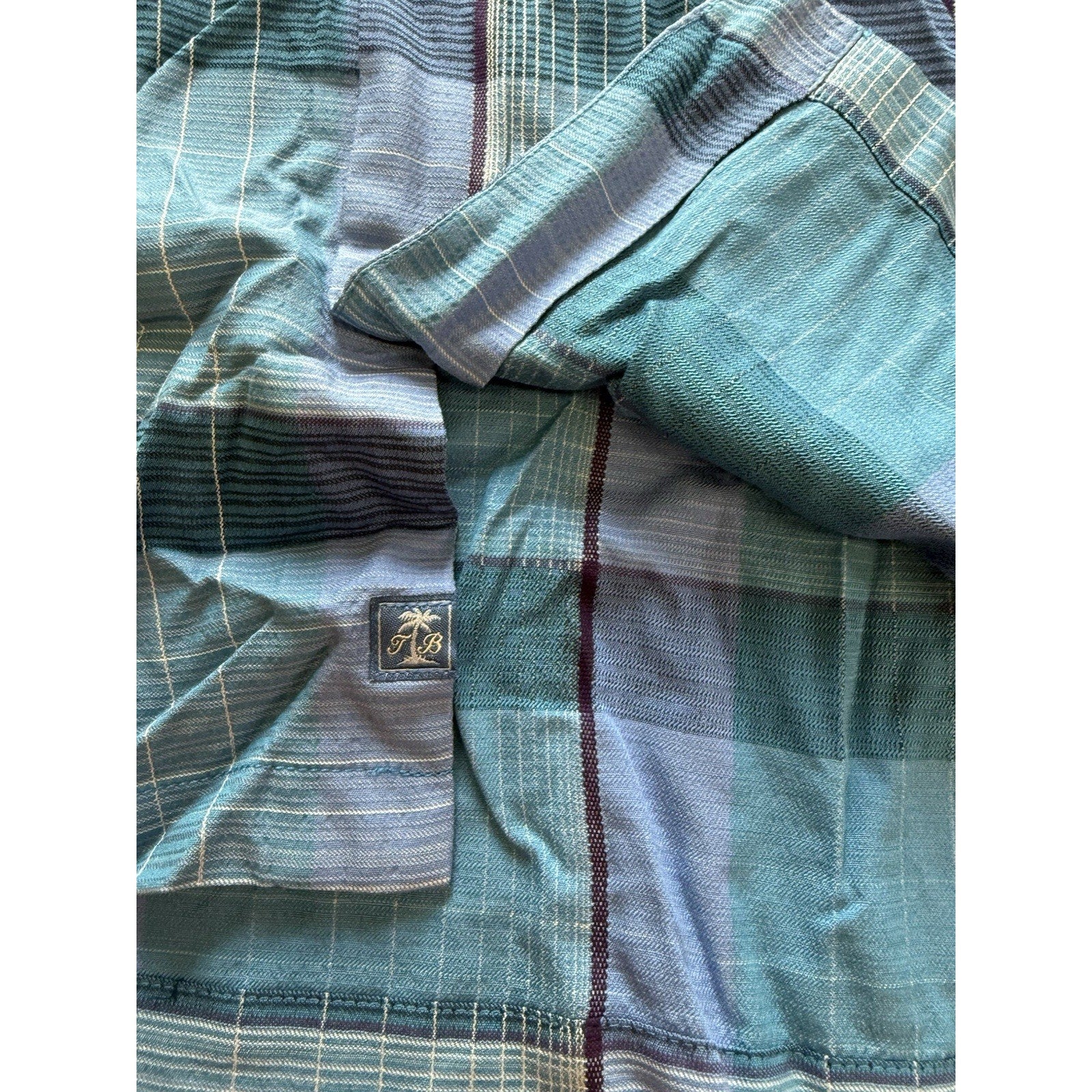Tommy Bahama Blue Plaid 100% Silk Short Sleeve Shirt XL Original Fit Aqua Clean - thriftgoblin