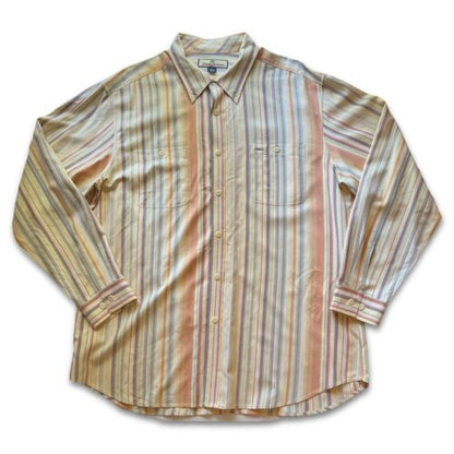 Tommy Bahama SILK Mens XL Peach/White Striped 100% Silk Button Up Shirt Pocket - thriftgoblin