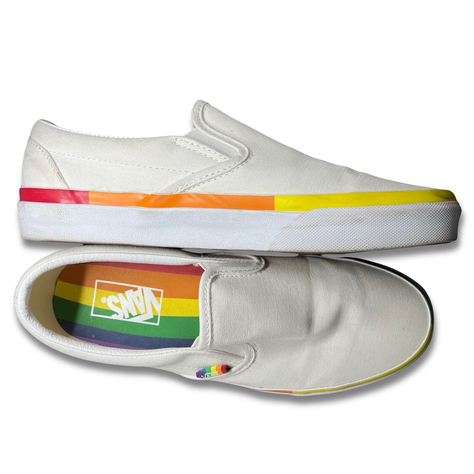 Vans Classic Slip On Rainbowstripe Pride White Rainbow Canvas Shoe Sneaker W9.5 - thriftgoblin