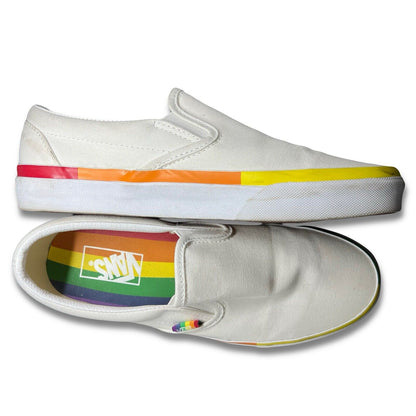Vans Classic Slip On Rainbowstripe Pride White Rainbow Canvas Shoe Sneaker W9.5 - thriftgoblin