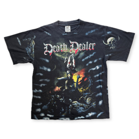 Vintage 1986 Frank Frazetta Death Dealer All Over Print Tee Wild Oats XL Black - Thrift GoblinT-Shirt