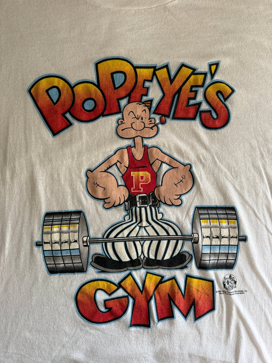Vintage 1994 Popeye's Gym Weightlifting Graphic Tee White - Thrift GoblinT-Shirt