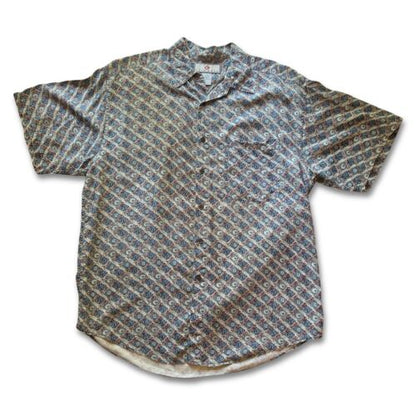 Vintage Chiamare SILK Shirt Mens Medium Blue Diamond Geometric SHORT SLEEVE Thin - thriftgoblin