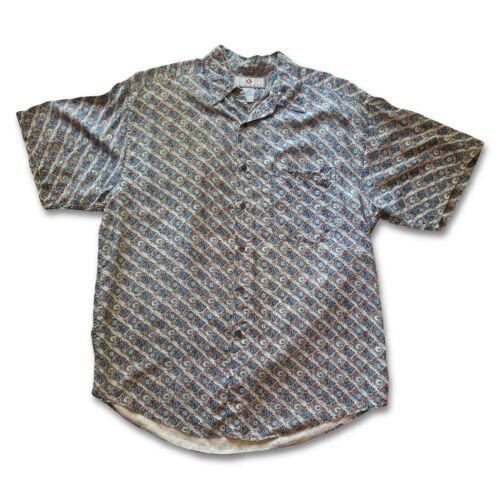 Vintage Chiamare SILK Shirt Mens Medium Blue Diamond Geometric SHORT SLEEVE Thin - thriftgoblin