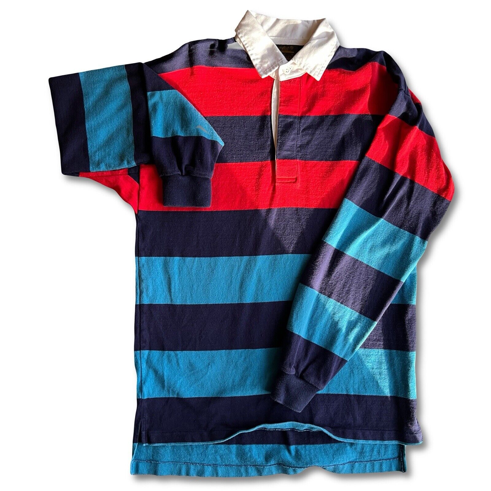 VINTAGE Eddie Bauer Blue Rugby Polo Shirt Long Sleeve Striped Tall Long Sleeve - thriftgoblin
