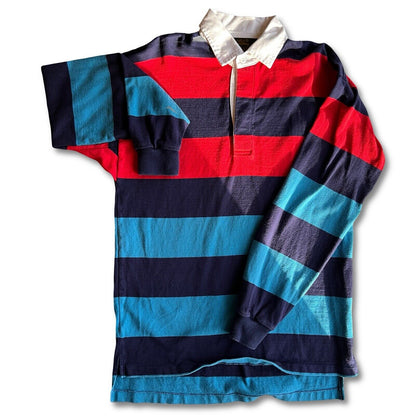VINTAGE Eddie Bauer Blue Rugby Polo Shirt Long Sleeve Striped Tall Long Sleeve - thriftgoblin