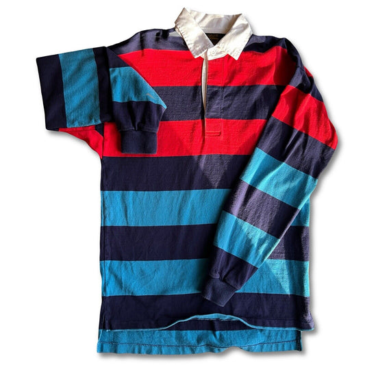 VINTAGE Eddie Bauer Blue Rugby Polo Shirt Long Sleeve Striped Tall Long Sleeve - thriftgoblin