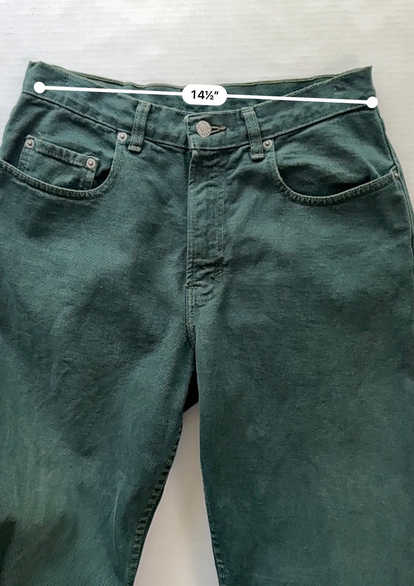 Vintage GAP Denim Forest Green Loose Fit Jeans Leather Patch W31 Chain Stitch - thriftgoblinDenim