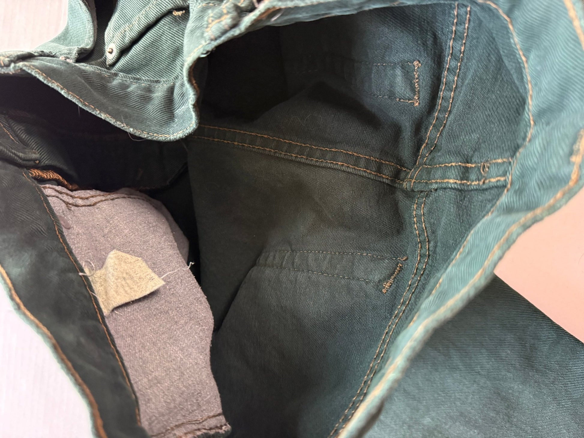 Vintage GAP Denim Forest Green Loose Fit Jeans Leather Patch W31 Chain Stitch - thriftgoblinDenim