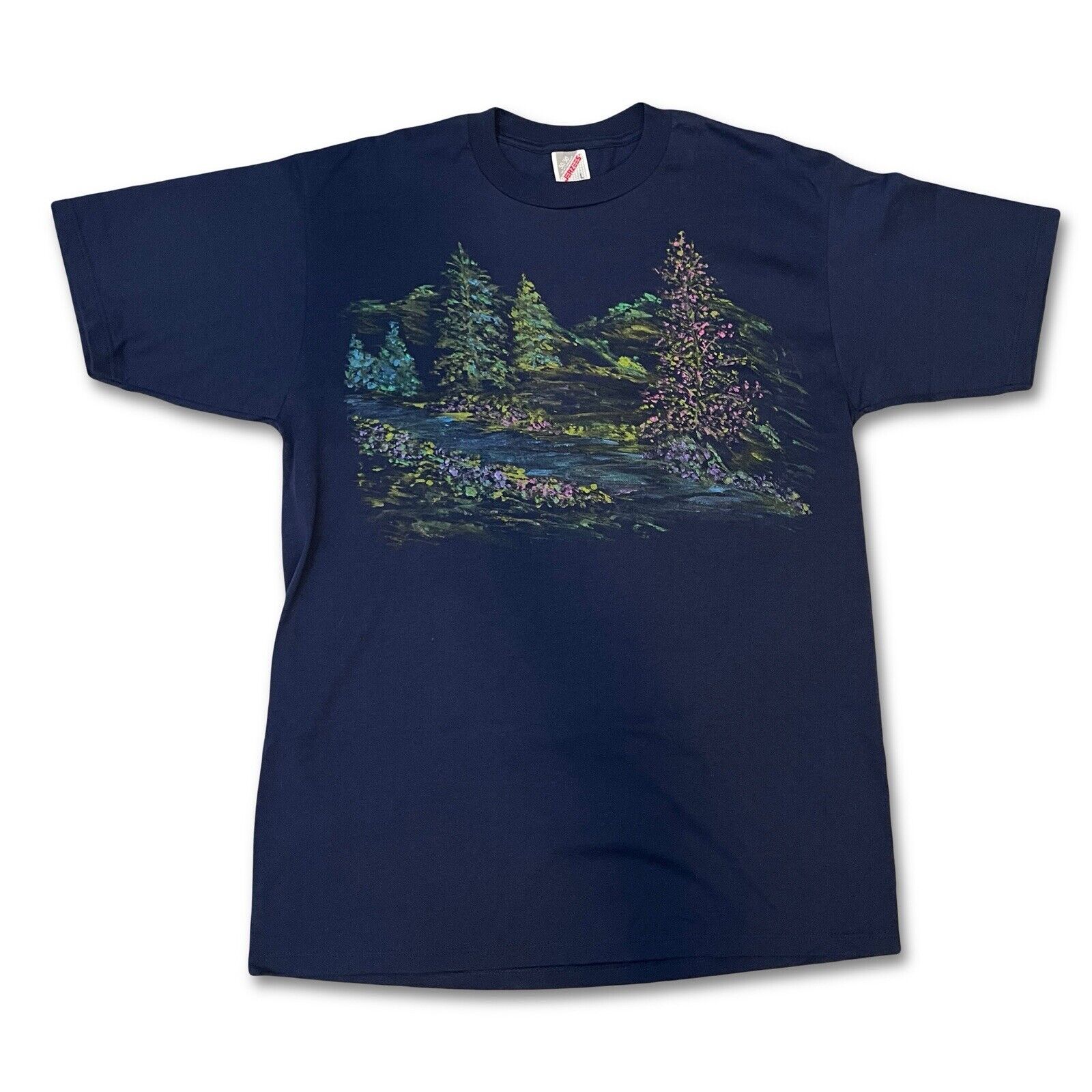 Vintage Hand Painted Forest Flower Scene Graphic Tshirt Jerzees Mens Large - thriftgoblin
