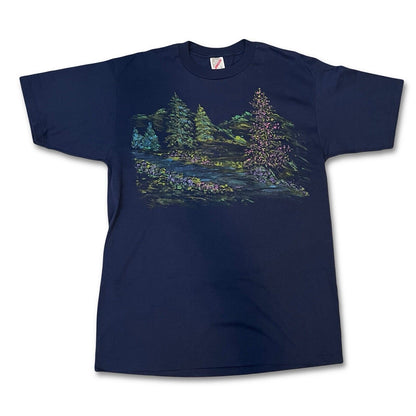 Vintage Hand Painted Forest Flower Scene Graphic Tshirt Jerzees Mens Large - thriftgoblin