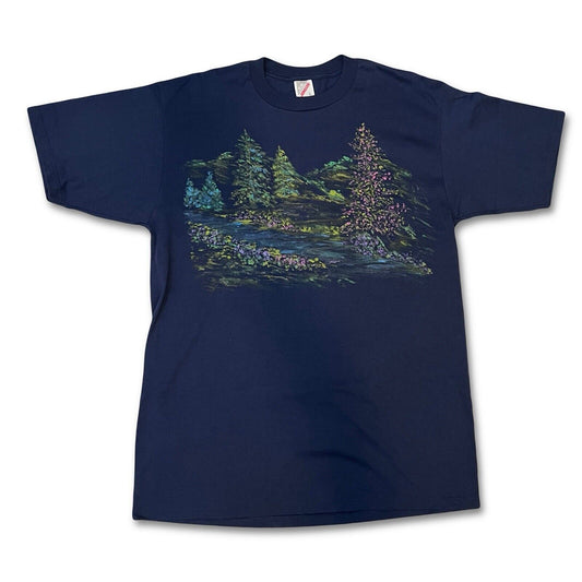 Vintage Hand Painted Forest Flower Scene Graphic Tshirt Jerzees Mens Large - thriftgoblin