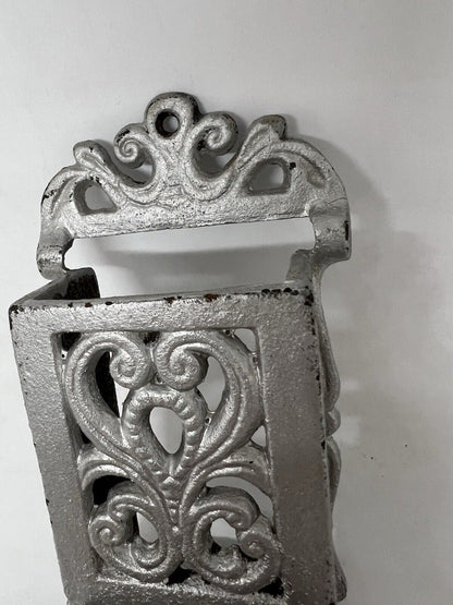 Vintage Heavy Cast Iron Black Fireplace Match Box Holder Wall Mount Fits Box - thriftgoblin