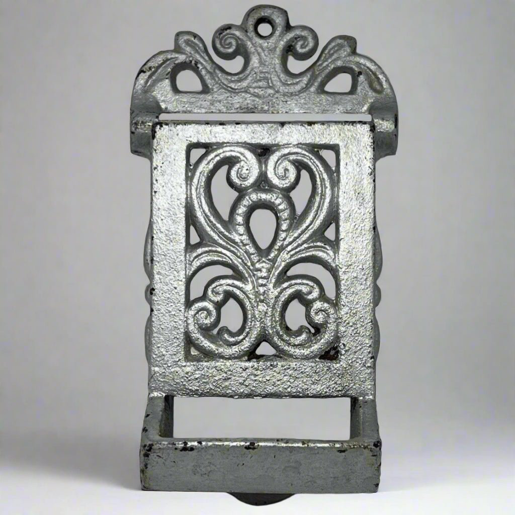 Vintage Heavy Cast Iron Black Fireplace Match Box Holder Wall Mount Fits Box - thriftgoblin