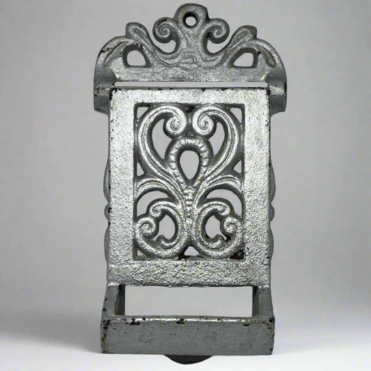 Vintage Heavy Cast Iron Black Fireplace Match Box Holder Wall Mount Fits Box - thriftgoblin