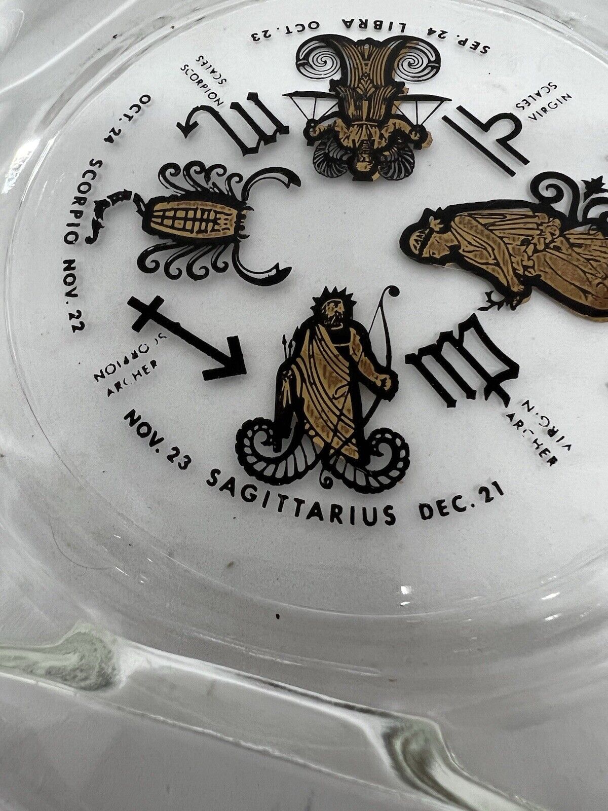 Vintage Horoscope Clear Glass Ash Tray Smoking Solid Large Clean Gold Inlay - thriftgoblin